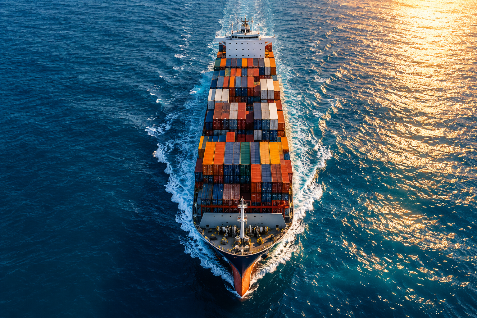 container ship through golden seas